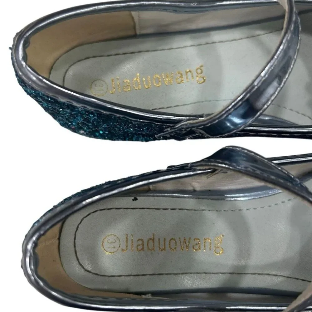 NWOT Jiadowang Dance Shoes Girls Size 31 Blue Glittered Crystal Flower Accent